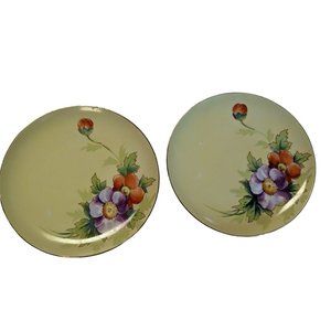 Yellow Plate Handpainted Red Purple Flowers Gold Trim Vintage Meito China